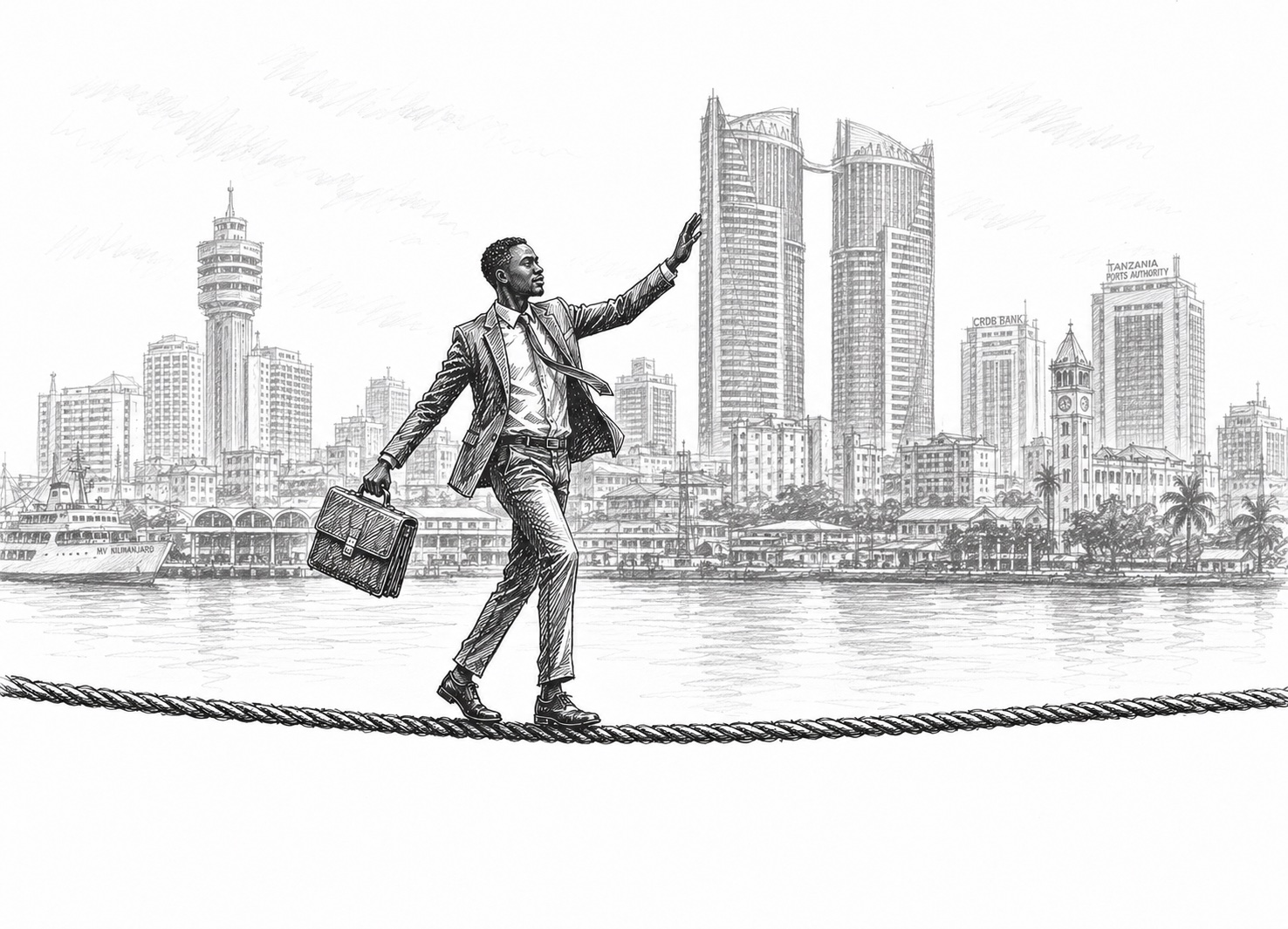 Pencil sketch of a man in a suit walking a tightrope across the Dar es Salaam waterfront, briefcase in hand.